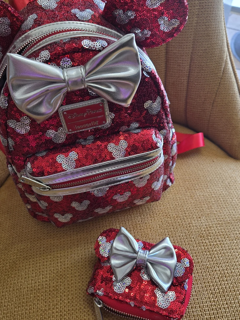 Loungefly Disney Red Sequin Minnie Ear Mini Backpack with Silver Bow